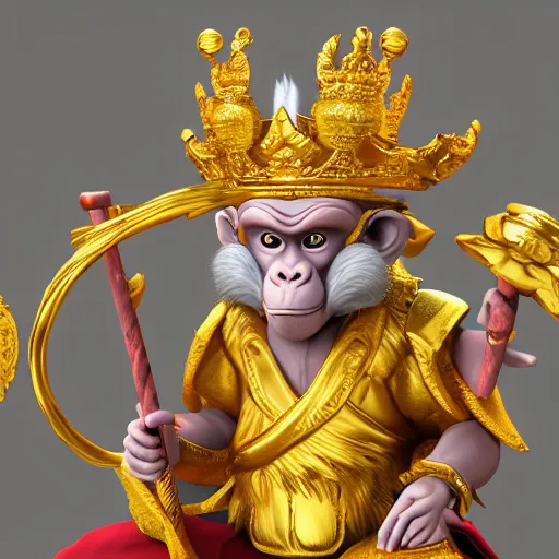 Image similar to monkey king godly lord of monkeys, wearing a crown, holding a staff, sitting in throne 8 k render high detail