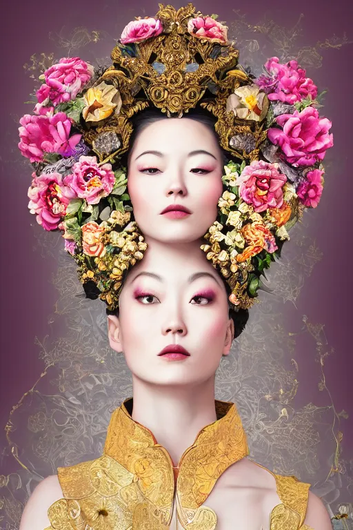 Image similar to a beautiful empress portrait, with a brilliant, impossible striking big flower headpiece, clothes entirely made out of flowers, symmetrical, dramatic studio lighting, rococo, baroque, jewels, asian, hyperrealism, closeup, D&D, fantasy, intricate, elegant, highly detailed, digital painting, artstation, octane render, 8k, concept art, matte, sharp focus, illustration, art by Artgerm and Greg Rutkowski and Alphonse Mucha