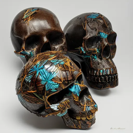 Prompt: abstract shaped skulls and bird made out of thick webs, color, glossy, highly detailed carving on southern ice porcelain, partially glazed, woodfired, art gallery