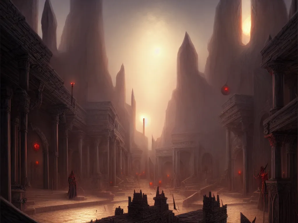 Image similar to the city of tyr in the world of athas, dark sun d & d art, beautiful digital painting by gerald brom, intricate details, ultra realistic, beautiful digital painting in the style of wlop, volumetric lighting, fantasypunk, dark sun rising, amazing d & d art, by greg rutkowski, trending cgsociety, artstation