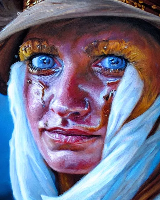 Image similar to oil painting portrait of cowgirl with half of her face burned and one blind eye, high production value, intricate details, high resolution, hdr, high definition, masterpiece, realistic, ultrarealistic, highly detailed, hd, sharp focus, non blurry, sharp, smooth