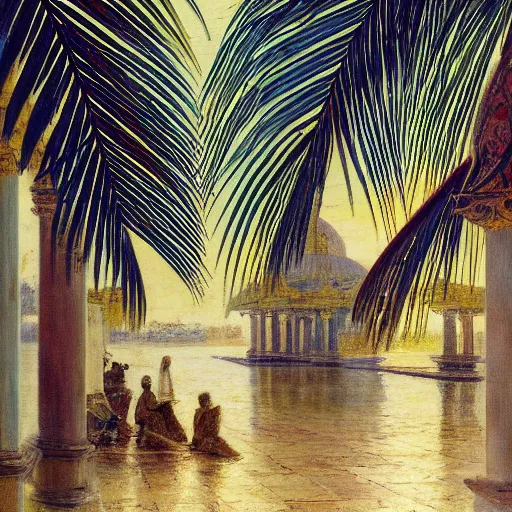 Image similar to a ultradetailed beautiful painting of the amazonas palace balustrade designed by jules bastien - lepage, hans belmer, frank weston and gustave baumann, beach, trending on artstation, mediterranean, palm trees, refracted color sparkles, sharp focus, soft light, 8 k 4 k