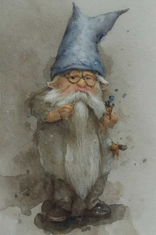 Image similar to muted color!! watercolor of a gnome painterly, granular dripping running. very muted colors. ) ) by jean - baptiste monge!!