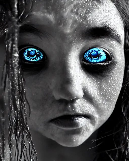 Image similar to detailed eyes, face of an underwater human descendant fishwoman, darkness, macro lens, very deep sea, mariana trench, dark, hd, dagon, fishpeople