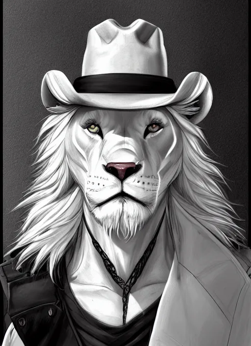 Image similar to aesthetic portrait commission of a of a male fully furry muscular anthro albino lion wearing attractive builders outfit with builders hat. Character design by charlie bowater, ross tran, artgerm, and makoto shinkai, detailed, inked, western comic book art, award winning film poster painting