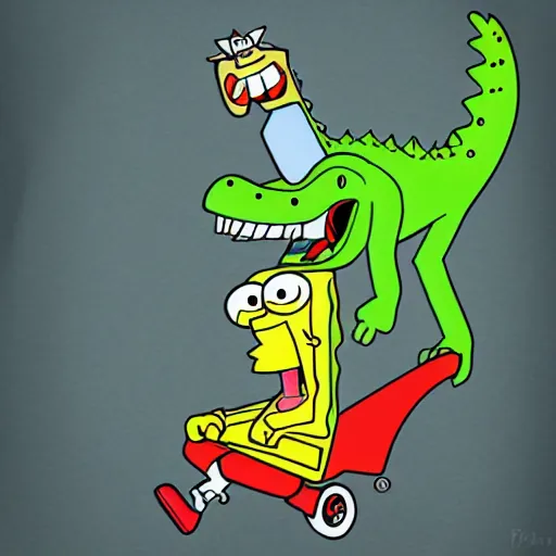 Prompt: spongebob riding a dinosaur, cartoon style