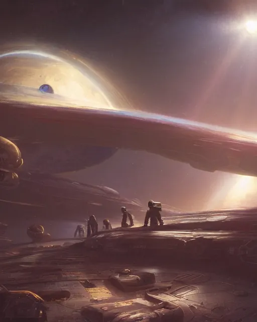 Image similar to A matted painting of Aliens of the Sun on a spaceship environment with expansive views of space, inspired by greg rutkowski and Keith Mallett, digital art, extremely moody lighting, glowing light and shadow, atmospheric, shadowy, cinematic