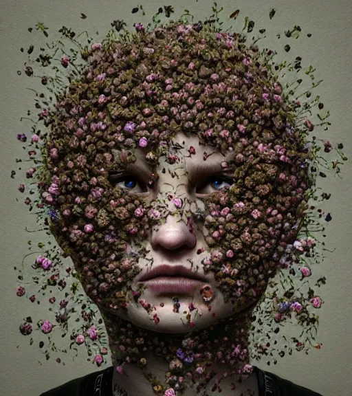 Prompt: portrait, nightmare anomalies, covered in tiny flowers by dariusz zawadzki, kenneth blom, mental alchemy, james jean, pablo amaringo, naudline pierre, contemporary art, hyper detailed