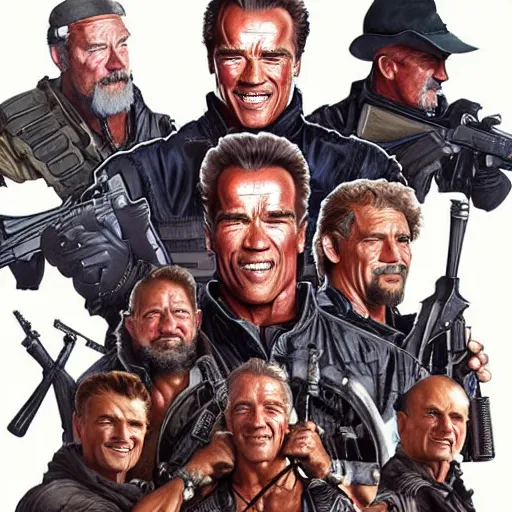 Image similar to A group photo of the cast of Expendables but it's all Arnold Schwarzenegger, western, D&D, fantasy, intricate, elegant, highly detailed, digital painting, artstation, concept art, matte, sharp focus, illustration, art by Artgerm and Greg Rutkowski and Alphonse Mucha