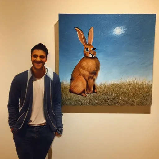 Image similar to a rabbit posing proudly next to a painting of a human