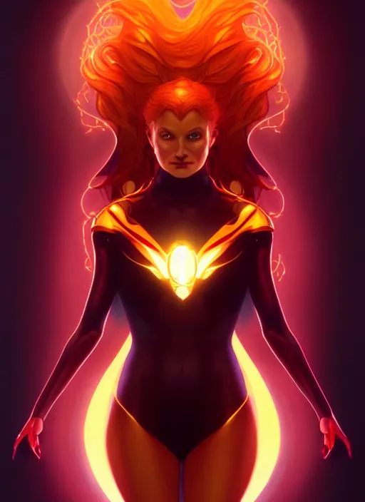 Image similar to symmetry portrait of the dark phoenix from x - men, glowing lights, intricate, elegant, highly detailed, digital painting, artstation, concept art, smooth, sharp focus, illustration, art by artgerm and greg rutkowski and alphonse mucha