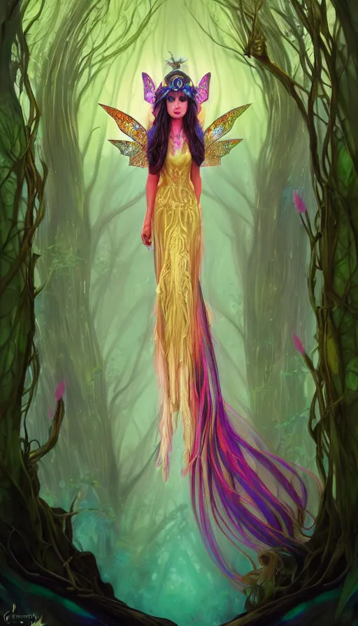 Prompt: a colorful and stunningly beautiful female faerie priestess in amanita muscaria forest landscape, symmetrical wings on back, neon hair, fantasy art, wearing a dress of gossamer gold, dark light night, sharp focus, digital painting, 4 k, concept art, art by charlie bowater and alphonse mucha, brom, face by otto schmidt