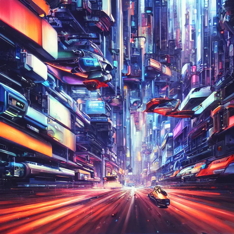 Prompt: hyperrealistic painting of a slice of life from a futuristic city, mechanical designs, hovering constructs, sleek, futuristic vehicles, vivid color, rushing traffic, technological, cinematic, cyberpunk style, highly detailed, realism, acrylic on canvas, 8 k resolution, concept art, by noriyoshi ohrai, george luks, james gurney