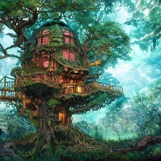 Prompt: an elaborate treehouse overgrown by bioluminescent plants, an ultrafine hyperdetailed illustration by kim jung gi, irakli nadar, intricate linework, bright colors, octopath traveler, final fantasy, unreal engine 5 highly rendered, global illumination, radiant light, detailed and intricate environment