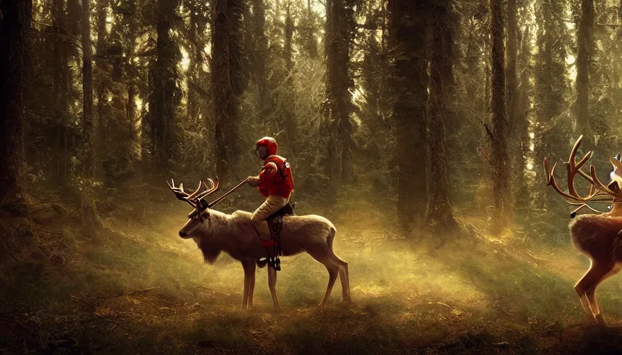 Image similar to american astronaut in the forest riding a reindeer, objects well lit, plants environment, wide angle, cinematic lighting, atmospheric, realistic, octane render, highly detailed, color graded, in the style of craig mullins