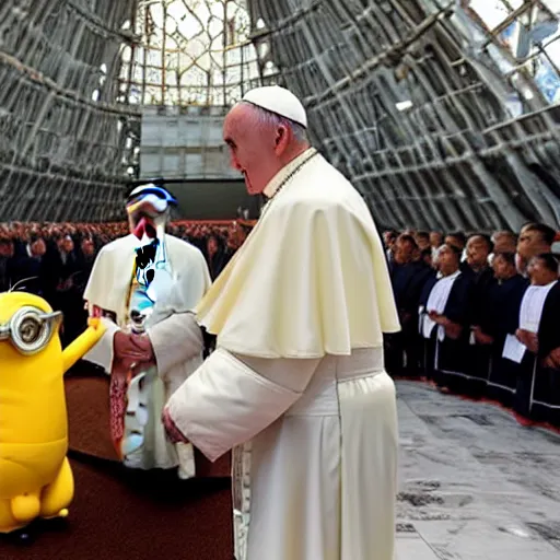 Image similar to pope francis baptizing a minion in a buddhist pagoda nuclear power plant