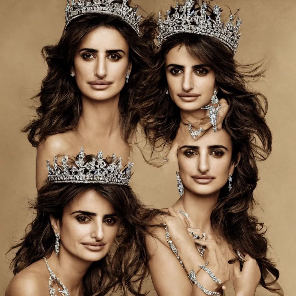 Prompt: penelope cruz as the queen of england, big crown adorned with emerald, diamonds, topaz and other jewellaries, sensual, beautiful soft light failling on her face, zoomed out, studio photography, nikon 3 5 mm portrait photography, ultra realistic