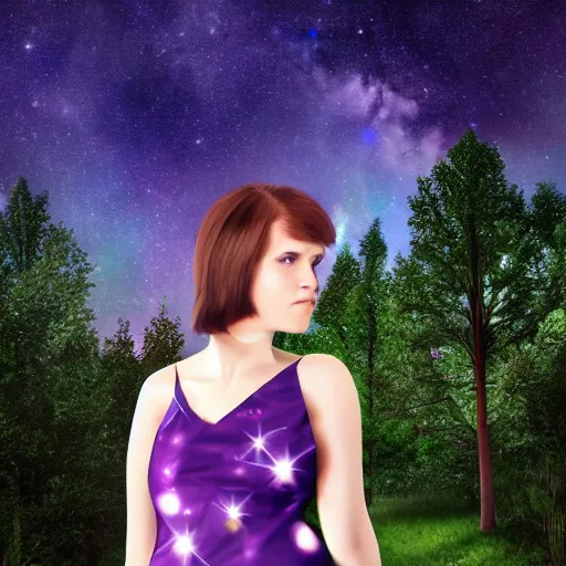 Prompt: an hd photo of a young woman with short brown hair and green eyes, purple dress, beautiful trees in the background, night sky with stars and galaxies, trending on artstation