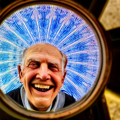 Prompt: a smiling old man seen through a kaleidoscope