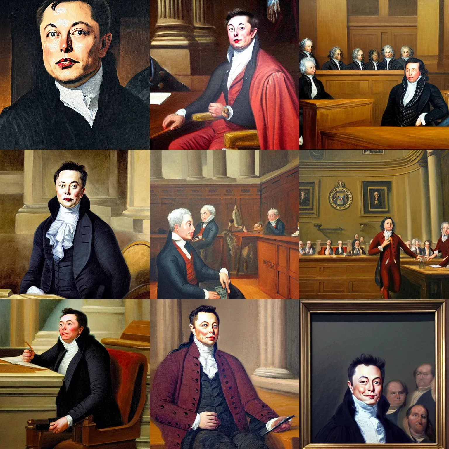 Prompt: oil painting of elon musk on trial in the court of chancery by benjamin ferrers, oil on canvas, painterly, intricate, circa 1 7 9 5, highly detailed