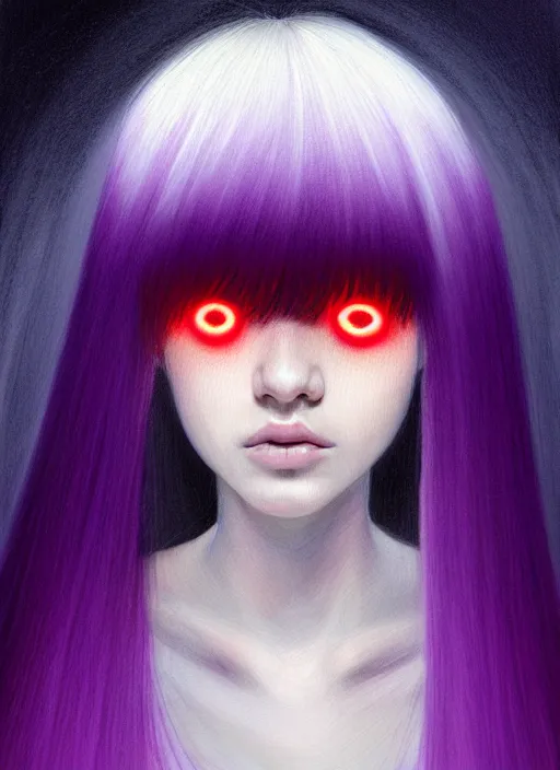 Image similar to hair whitebangs hair, black hair, whitebangs, portrait of teenage girl with white bangs, red irises, purple clothes, white bangs, bangs are different color from hair, intricate, elegant, glowing lights, highly detailed, digital painting, artstation, concept art, smooth, sharp focus, illustration, art by wlop, mars ravelo and greg rutkowski