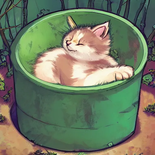 Prompt: cute kitten sleeping in an overgrown oil drum in a forest, digital art, artstation, studio ghibli