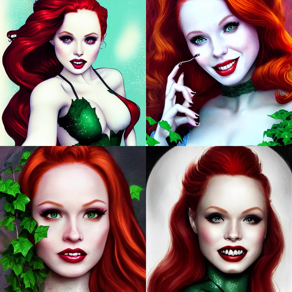 Image similar to vampire beautiful Madelaine Petsch poison ivy DC comics taking a selfie, evil smile, realistic character concept, medium shot, fun pose, comic book, illustration, slender symmetrical face and body, artstation, cinematic lighting, hyperdetailed, cgsociety, 8k, high resolution, Charlie Bowater, Tom Bagshaw, single face, insanely detailed and intricate, beautiful, vfx, postprocessing