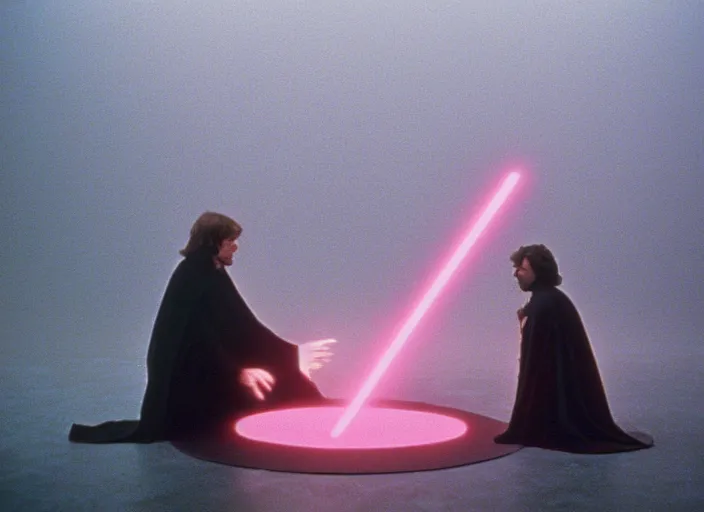 Image similar to Luke skywalker kneels before a star wars alien oracle, a mystic with infinite knowledge of time. in a foggy pink land. still from the 1983 film directed by David Lynch. Photographed with Leica Summilux-M 24 mm lens, ISO 100, f/8, Portra 400