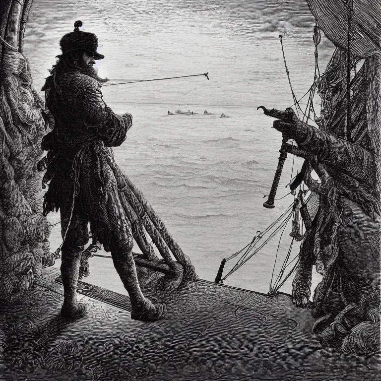 Prompt: an engraving of long john silver on the deck of a ship, looking through a telescope by gustave dore, ian miller, highly detailed, strong shadows, depth, illuminated focal point, lithograph engraving