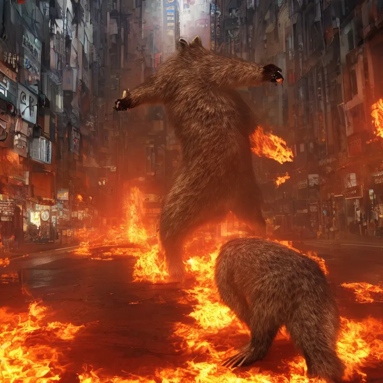 Image similar to wide angle octane render by wayne barlow and carlo crivelli and glenn fabry, a giant raccoon kaiju inside the burning streets of tokyo, cinema 4 d, ray traced lighting, very short depth of field, bokeh