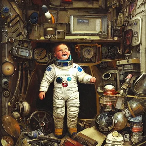 Image similar to boy in a retro space suit in a cluttered inventors shop . muted colors. by Jean-Baptiste Monge !!!!!!!!!!!!!!!!!!!!!!!!!!!