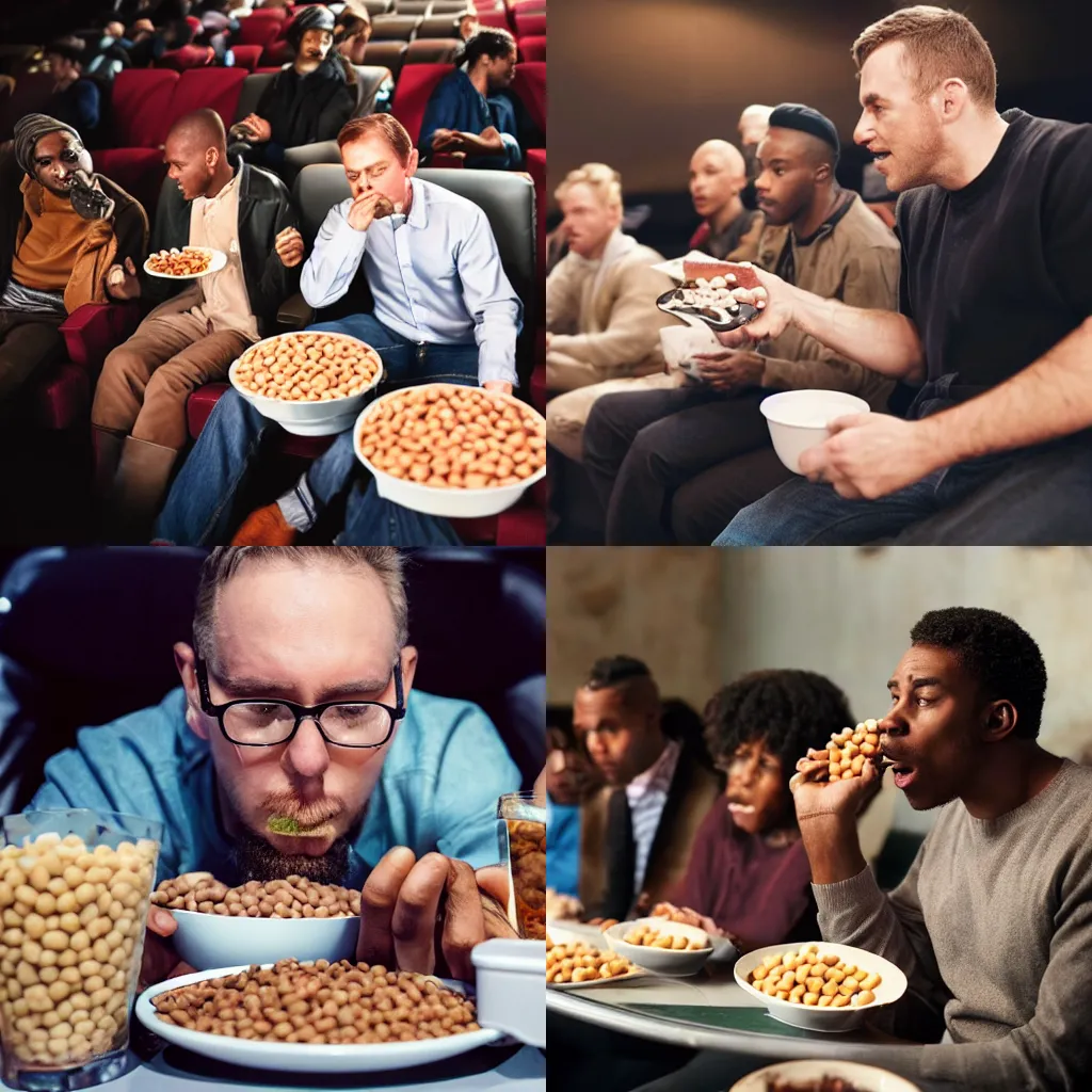 Prompt: a white man eating beans in the cinema surrounded by black people