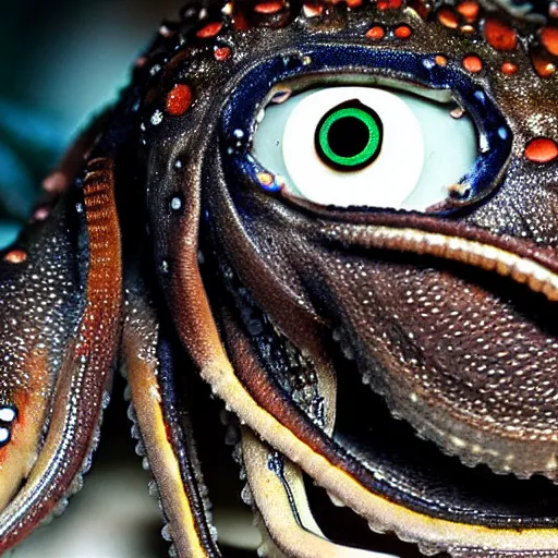 Prompt: a close up of an octopus with two large eyes, a macro photograph by craola, flickr contest winner, mingei, lovecraftian, grotesque, macro photography