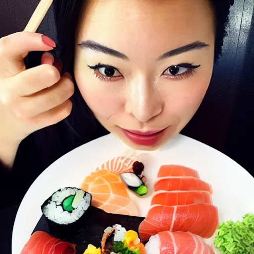 Image similar to photo of a beautiful Japanese girl eating sushi, symmetrical, golden ratio, happy,