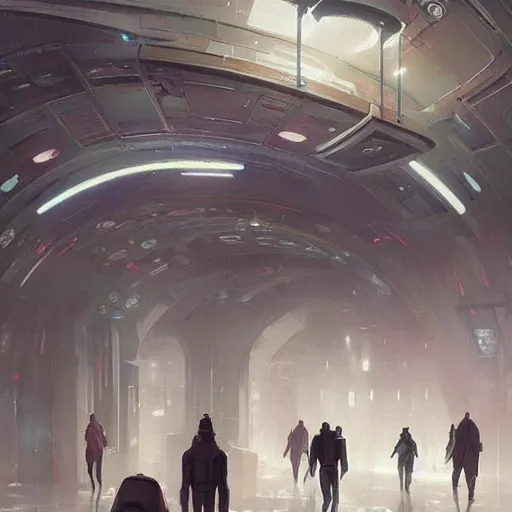 Image similar to scifi concept art by greg rutkowski, futuristic subway station with a lot of people waitintg, futuristic brutalist aesthetic, dim ilumination, highly detailed portrait, digital painting, artstation, concept art, smooth, sharp foccus ilustration, artstation hq