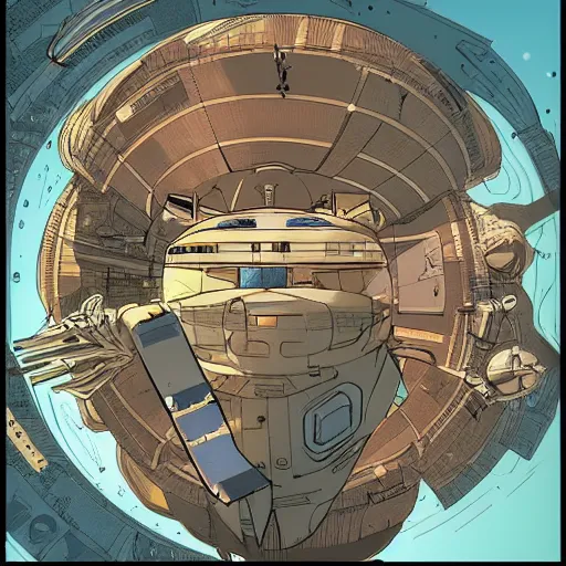 Prompt: space station above Jupiter in the style of Moebius and Ashley wood