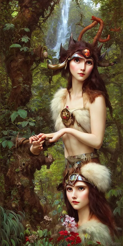 Prompt: hyper realistic Princess Mononoke wearing her mask, lush forest landscape, style of tom bagshaw, mucha, james gurney, norman rockwell, gems and gold, waterfalls, denoised, sharp,