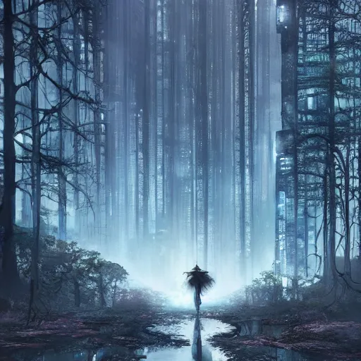 Prompt: A fairy tale forest in the style of cyberpunk in the style of dark fantasy art Trending on artstation DeviantArt Pinterest detailed realistic HD 8k High Resolution