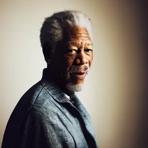 Image similar to a candid portrait photograph of Morgan Freeman starring as rapper Travis Scott in the style of Chi Mondu, shallow depth of field, 40mm lens