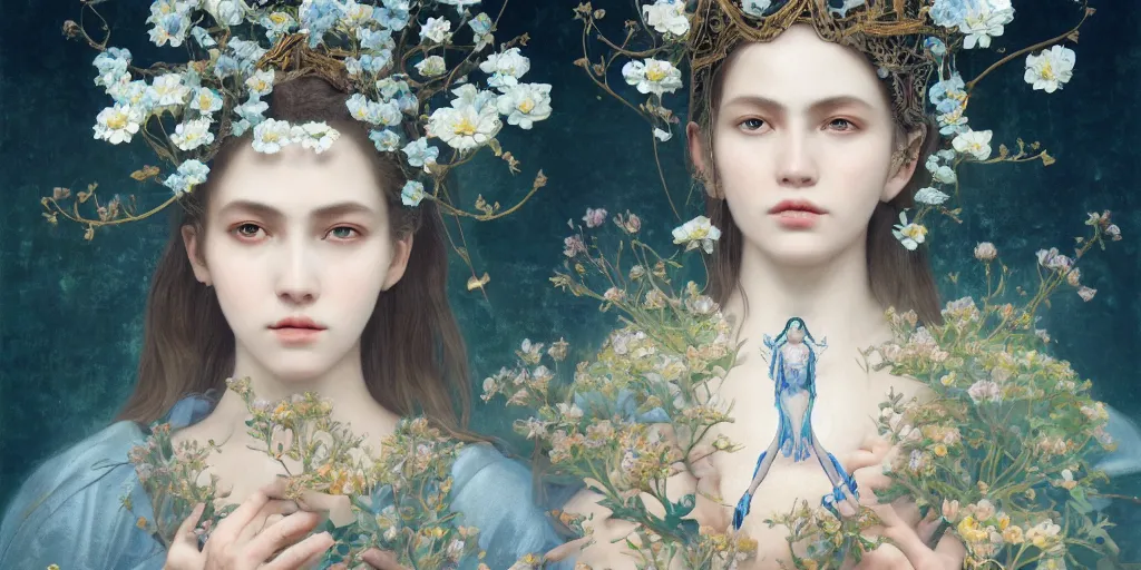 Image similar to breathtaking detailed concept art painting portrait of the goddess of nemophila flowers, orthodox saint, with anxious piercing eyes, ornate background, amalgamation of leaves and flowers, by hsiao - ron cheng, extremely moody lighting, 8 k