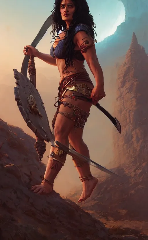 Image similar to salma hayek as a barbarian warrior, in gta v, stephen bliss, unreal engine, fantasy art by greg rutkowski, loish, rhads, ferdinand knab, makoto shinkai and lois van baarle, ilya kuvshinov, rossdraws, tom bagshaw, global illumination, radiant light, detailed and intricate environment