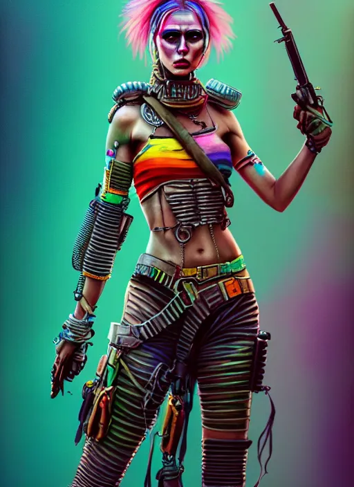 Image similar to full body concept art illustration colorful pastel painting of a female mad max in full intricate colorful clothing, beautiful face, ultra detailed, octane render, 4K, dystopian, micro details