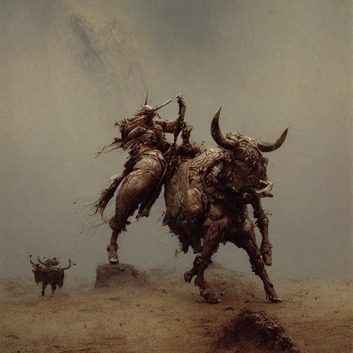 Image similar to minotaur warrior wearing ancient armor concept, beksinski, ruan jia