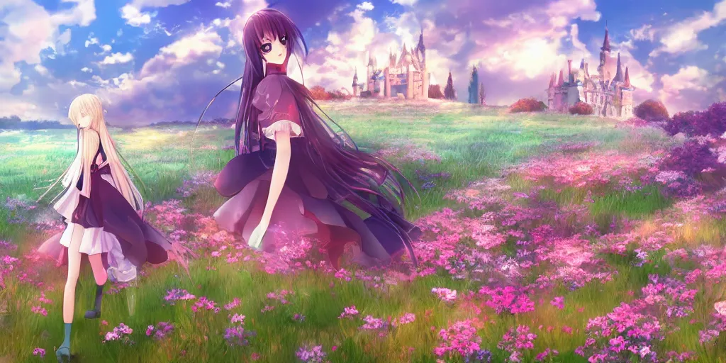 Image similar to anime girl, scenic, landscape, castle, large field of flowers, digital art