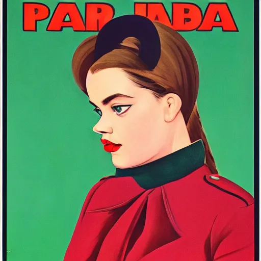 Prompt: highly detailed propaganda poster portrait of the leader of fascist hungary, barbara palvin looking into the distance, fashion items in the background, by edward hopper