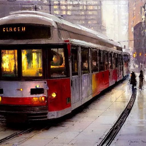 Image similar to toronto streetcars painting by jeremy mann