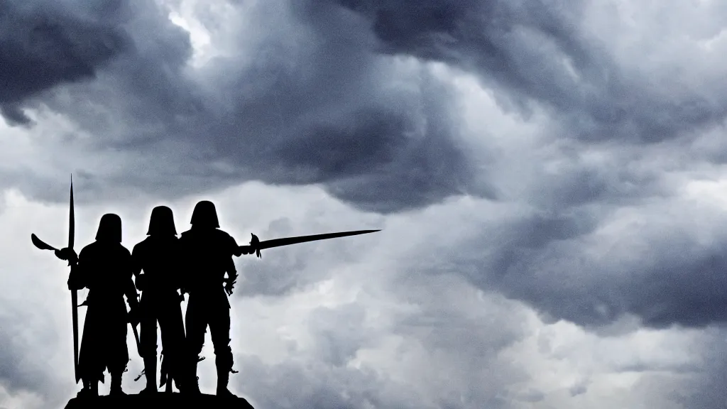 Prompt: low angle two warriors holding swords standing looking up at a villain silhouette thunder lighting storm heavy rain dark clouds