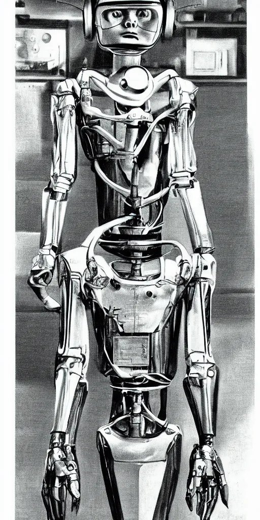 Image similar to “a drawing of a skinny silver humanoid robot preparing for a race on a race track, wide shot, midday, on the cover of a 1970s science fiction magazine”