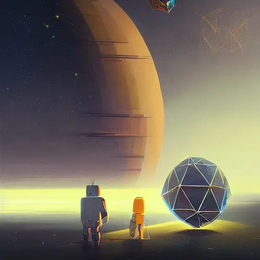 Image similar to greg rutkowski, beeple, a painting by ralph mcquarrie of floating molecules and icosahedron with stars, clouds, and rainbows in the background, trending on artstation, masterpiece, incredible details