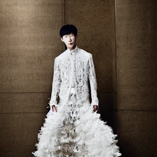 Image similar to a beautiful young korean male wearing a translucid lace wedding gown designed by alexander mcqueen, photographed by andrew thomas huang for a fashion editorial